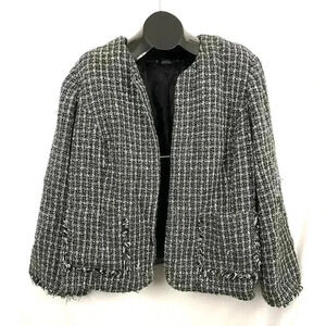 Black White Tweed Pattern Blazer Jacket Women's 26W Fringe Pockets Sleeves